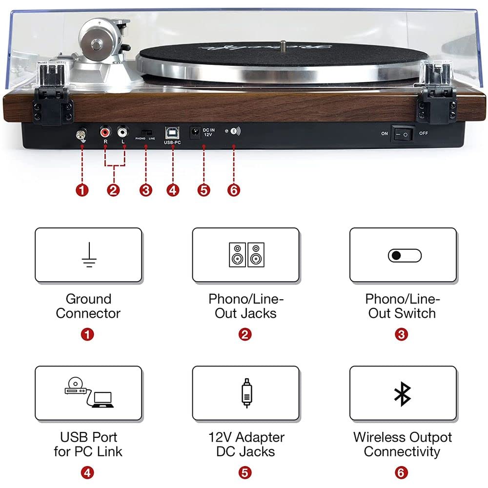 Turntables Belt-Drive Record Player with Wireless Output Connectivity, Vinyl Player Support 33&45 RPM Speed Phono Line USB Digital to PC Recording with Advanced Magnetic Cartridge&Counterweight