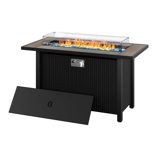 Shintenchi 45 Inch Propane Fire Pit Table with Glass Window Protector, Outdoor 50,000 BTU Steel Gas Fire Pit with Lid, Glass Crystal Stone, Waterproof Cover and Rattan Pattern,Brown Top