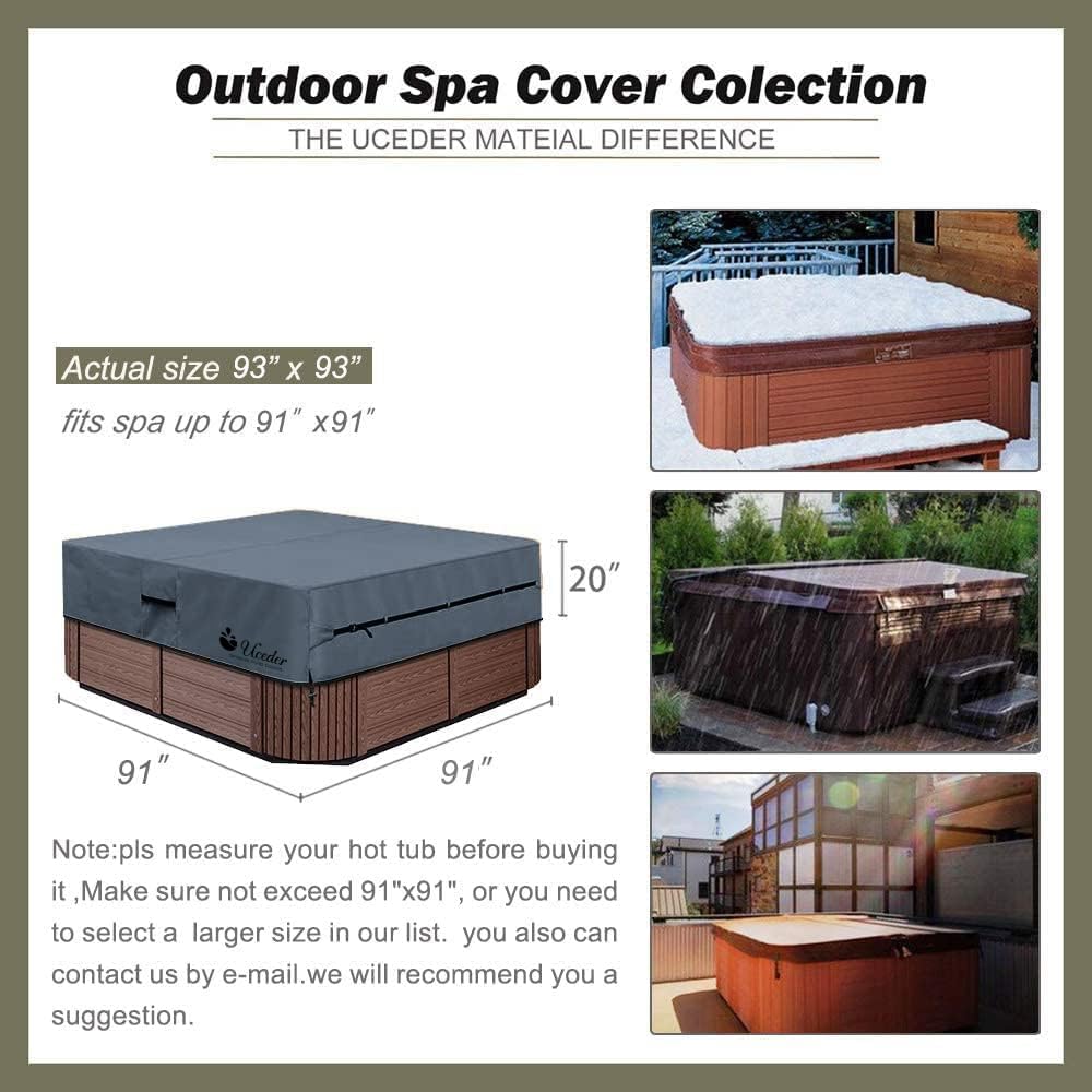 UCEDER Waterproof Hot Tub Cover -Outdoor Spa Cover Cap(Actual Size 93''x93 x20'' Fit 91''x91 x 20'') 600D Heavy Duty Polyester Hot Tub Cover Protector(Dark Gray)