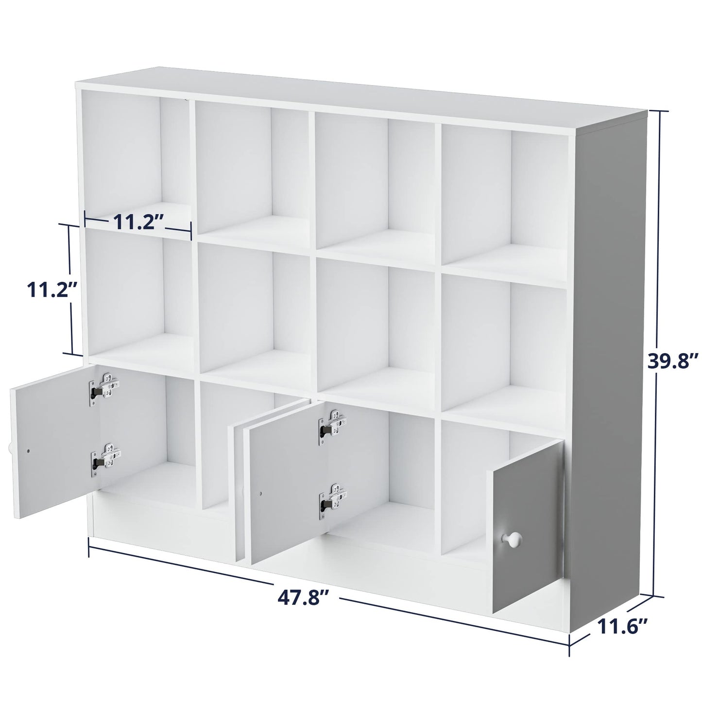 Cozy Castle White Wood Bookcase, 12 Cube Storage Organizer Shelf with 4 Doors, 3 Tier Storage Cabinet with Anti-Tilt Device for Bedroom, Living Room, Office