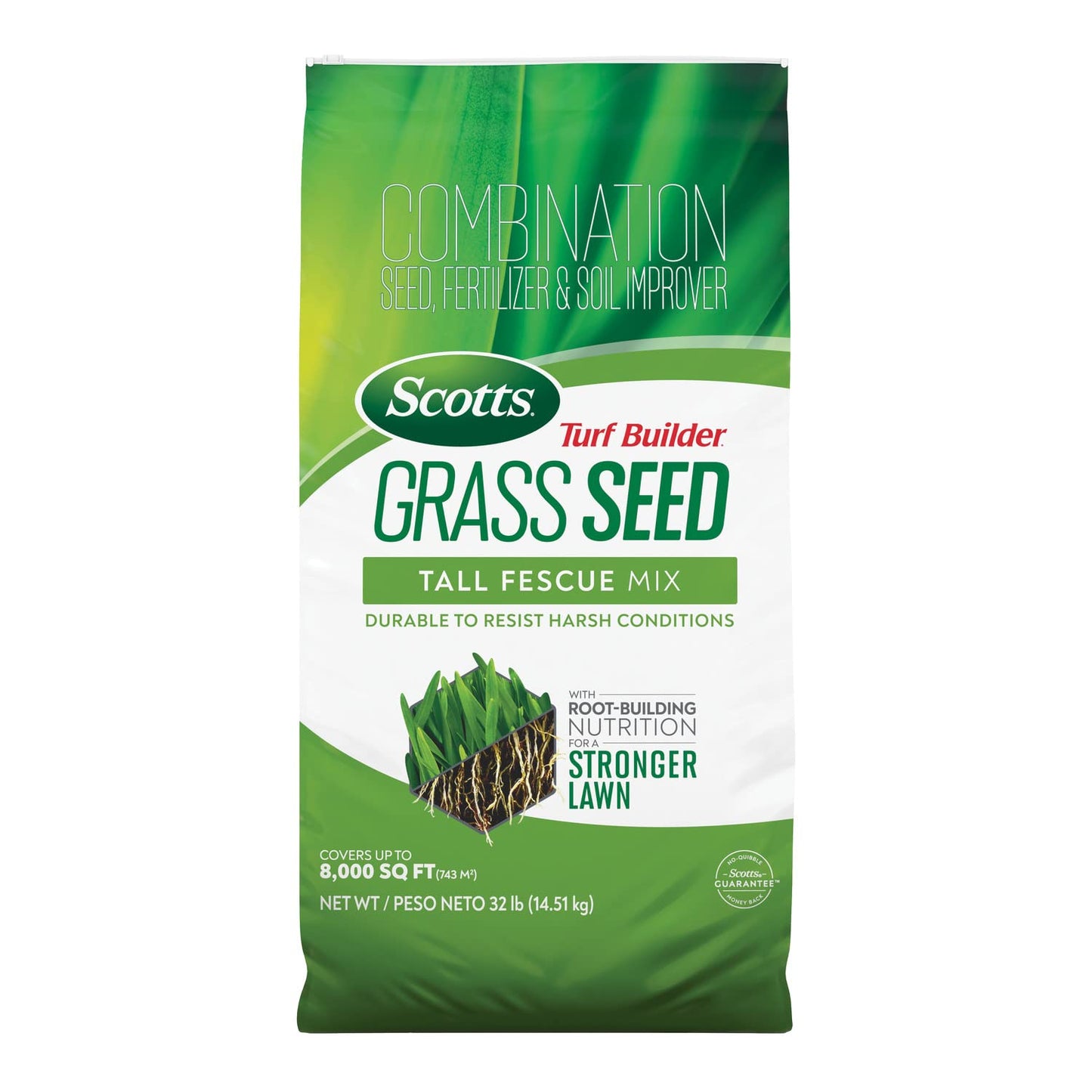 Scotts Turf Builder Grass Seed Tall Fescue Mix with Fertilizer and Soil Improver, Resists Harsh Conditions, 32 lbs.