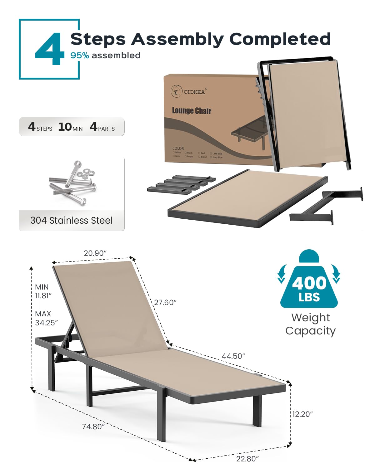 Aluminum Chaise Lounge Chair Outdoor, Patio Lounge Chair with Adjustable 5-Position Recliner and Full Flat Tanning Chair for Patio, Beach, Pool, Khaki