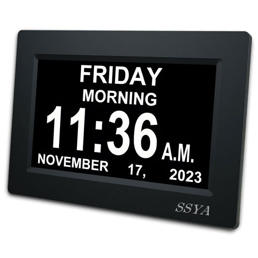 SSYA [Newest Version] 7 Inch Calendar Clock - 12 Alarm Options, Level 5 Auto Dimmable Display,Extra Large Impaired Vision Digital Clock with Non-Abbreviated Day & Month Alarm Clock (7 inch)