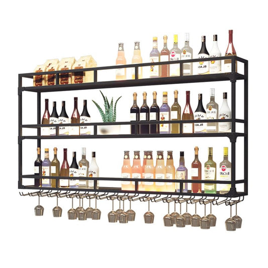 Large Heavy Duty 59in Wine Rack with LED Wall Mounted Bottle Glass Holder Under Shelf, 3-Tiers Liquor Floating Shelves Display Storage Organizer Hanging Long Stemware Goblet Metal for Home Bar