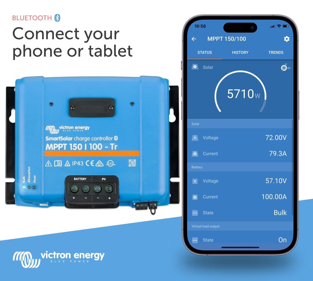 Victron Energy SmartSolar MPPT Tr Solar Charge Controller (Bluetooth) - Charge Controllers for Solar Panels - 150V, 100 amp, 12/24/36/48-Volt