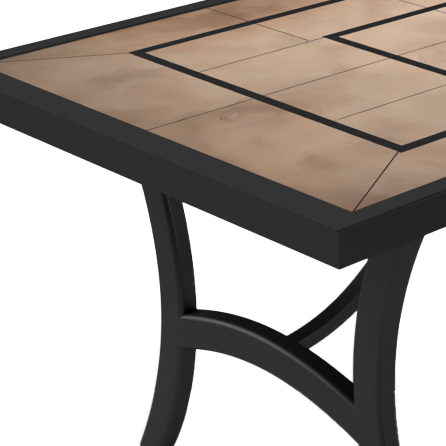 Four Seasons Courtyard Highland 40 by 66 Inch Al Fresco Dining Table with Grouted Wood Look Tile Top and Cast Aluminum Frames, Black/Taupe