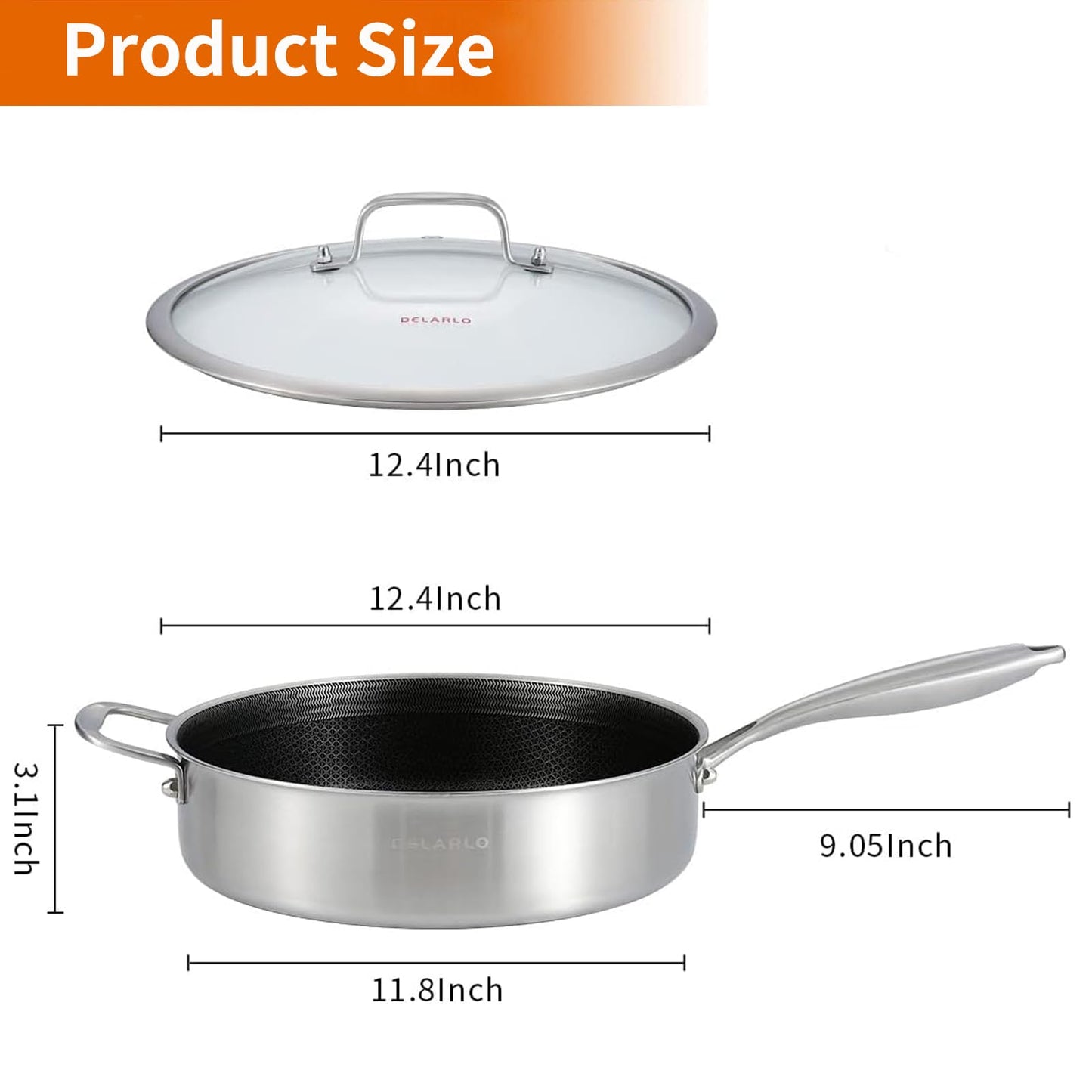 DELARLO Tri-Ply Stainless Steel 12 Inch Deep Frying Pan with lid 6QT Saute Pan Nonstick, Induction Compatible Chef Cooking Pan, Large Pan Dishwasher & Oven Safe