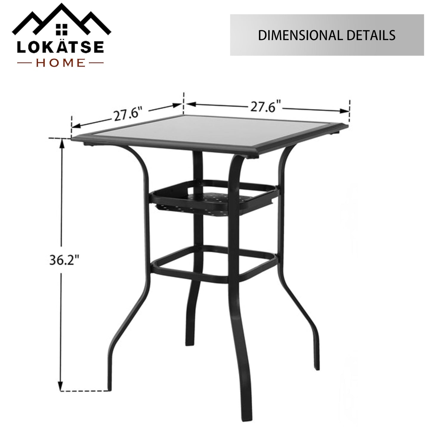 LOKATSE HOME Patio Bar Height Outdoor Table Bistro Square Outside High Top with 2-Tier Metal Frame (27.6"x 27.6"x 36.2"H), Black