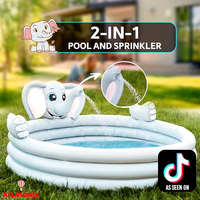 Elephant Inflatable Kiddie Pool for Kids and Toddlers with Sprinkler, Outdoor Backyard Baby Water Games Pool 60" Outside Party Birthday Fun Boys Girls Ages 1 2 3 4 5 6