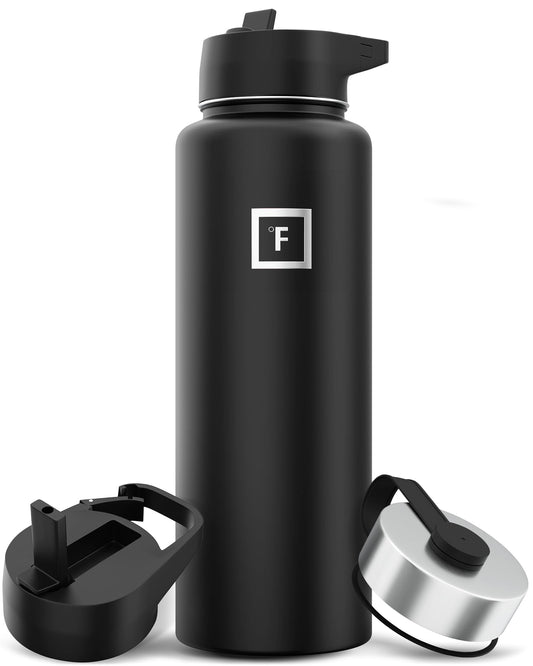 IRON °FLASK Camping & Hiking Hydration Flask, Wide Mouth, 3 Straw Lids, Stainless Steel Outdoor Water Bottle, Double Walled, Insulated Thermos, Metal Canteen - Midnight Black, 40 Oz