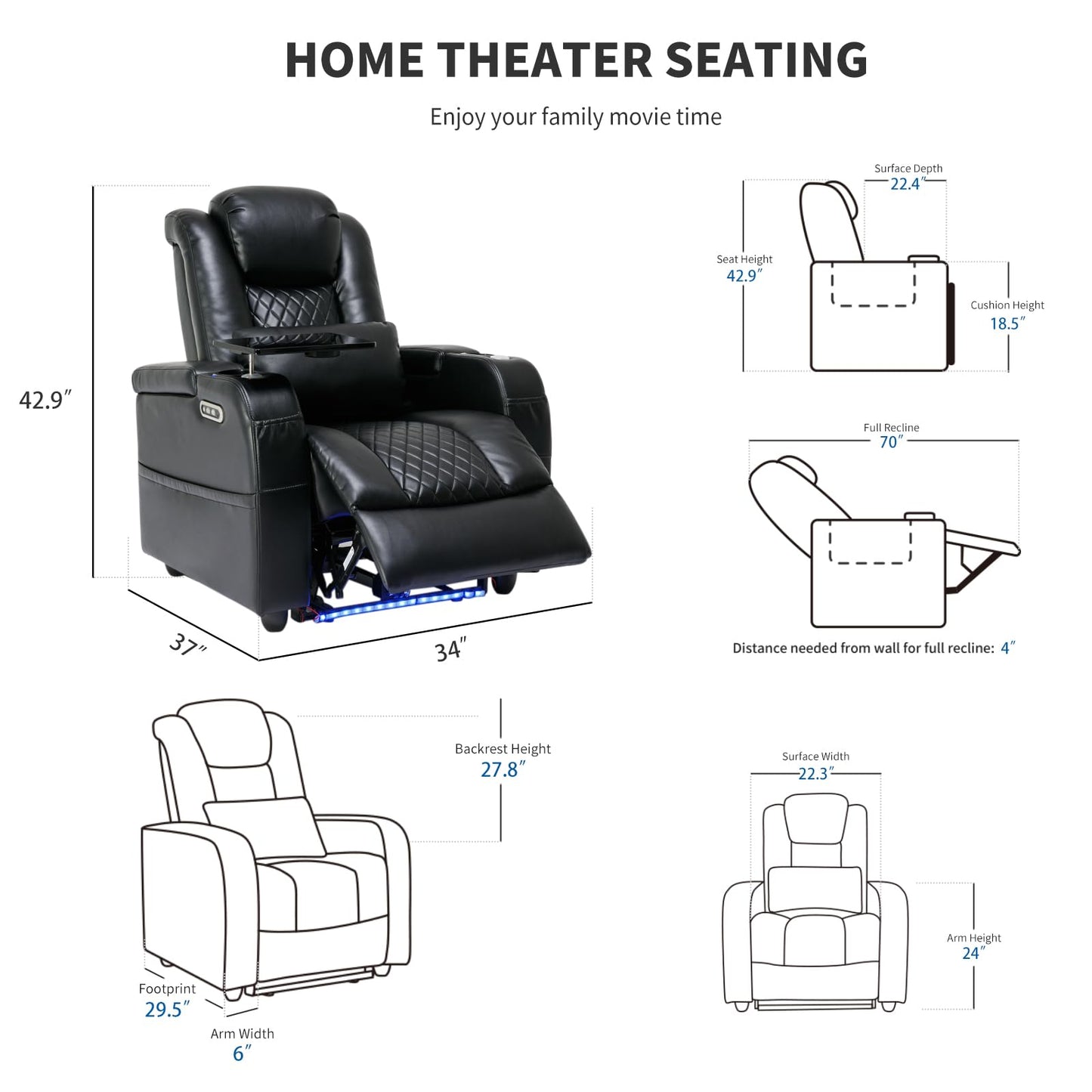 Airadlis Home Theater Seating Seats, Game Movie Theater Chairs Theater Recliner Sofa with 7 Colors Ambient Lighting, Lumbar Pillow, Side Pocket, Tray Table, Power Recline, Black