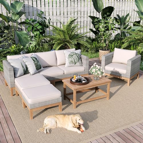Sophia & William Outdoor Patio Furniture Sets, 5-Piece All-Weather Patio Conversation Set, High Back Wicker Rattan Setional Sofa with Large Single Sofa Chairs, Ottomans & Wooden Coffee Table (Beige)
