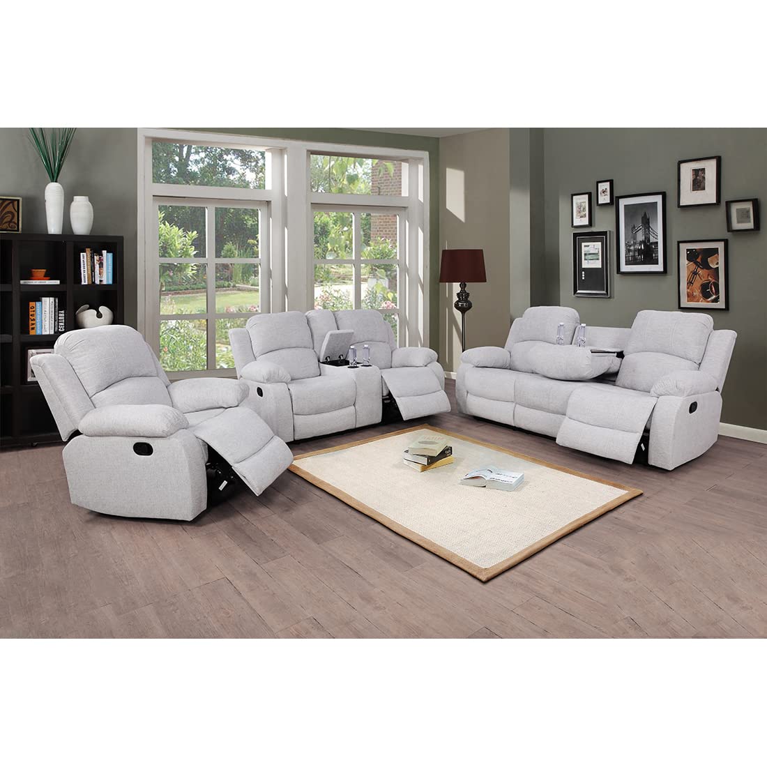 A Ainehome Living Room Furniture Set 3 Pieces Grey Microfiber Recliner Sofa Set Loveseat Chair Furniture Sofa Set for Living Room/Rv/House/Office/Theater Seating (A-Grey White Microfiber,3 Piece Set)