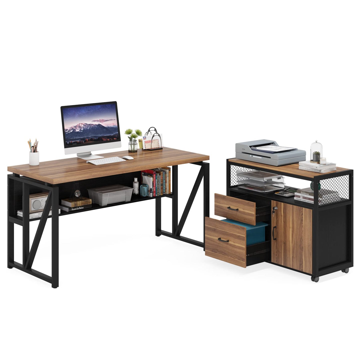 Tribesigns 55-inch L Shaped Desk with Drawer Cabinet, Executive Computer Desk and lateral File Cabinet, 2 Piece Home Office Furniture with Drawers for Hanging File, Doors with Locks (Brown, 55 inches)