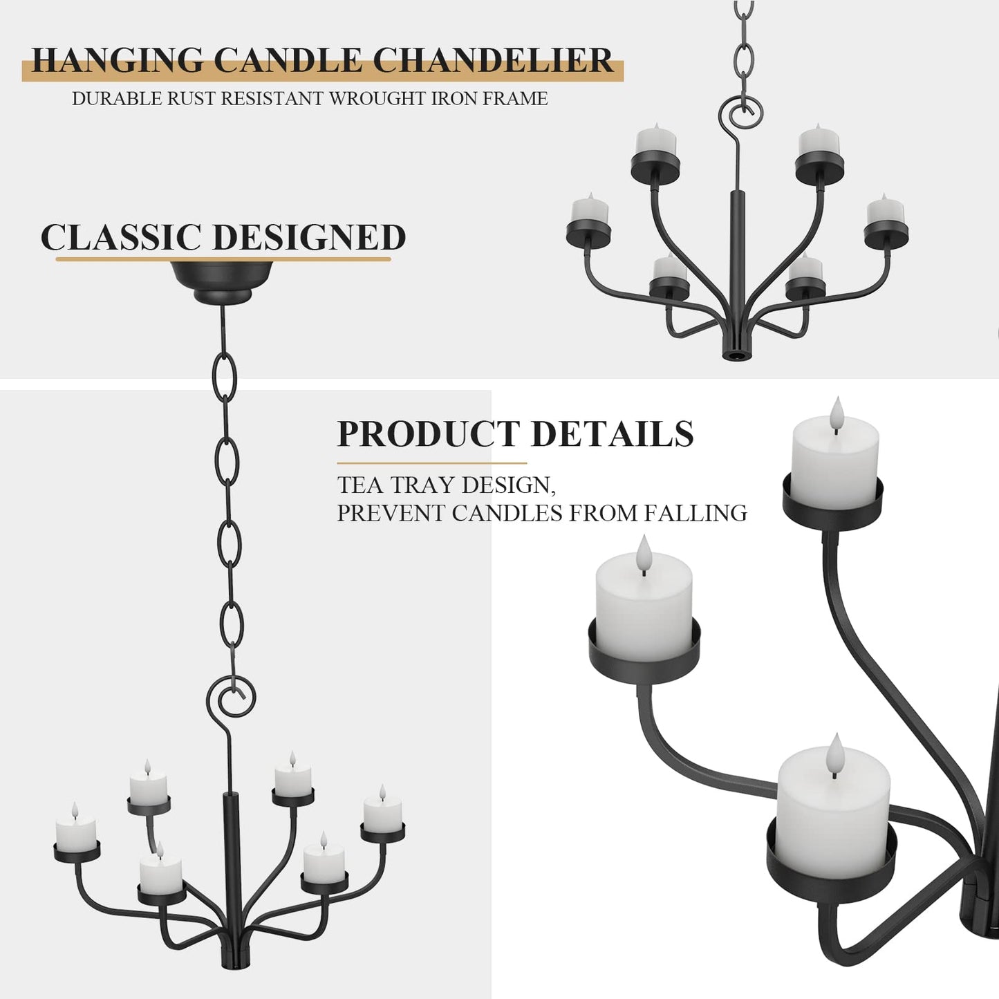 smtyle Black Outdoor Halloween Candle Chandelier for Gazebo Set of 6 Tealight Candle Metal Wall Sconce for Hanging Decoration