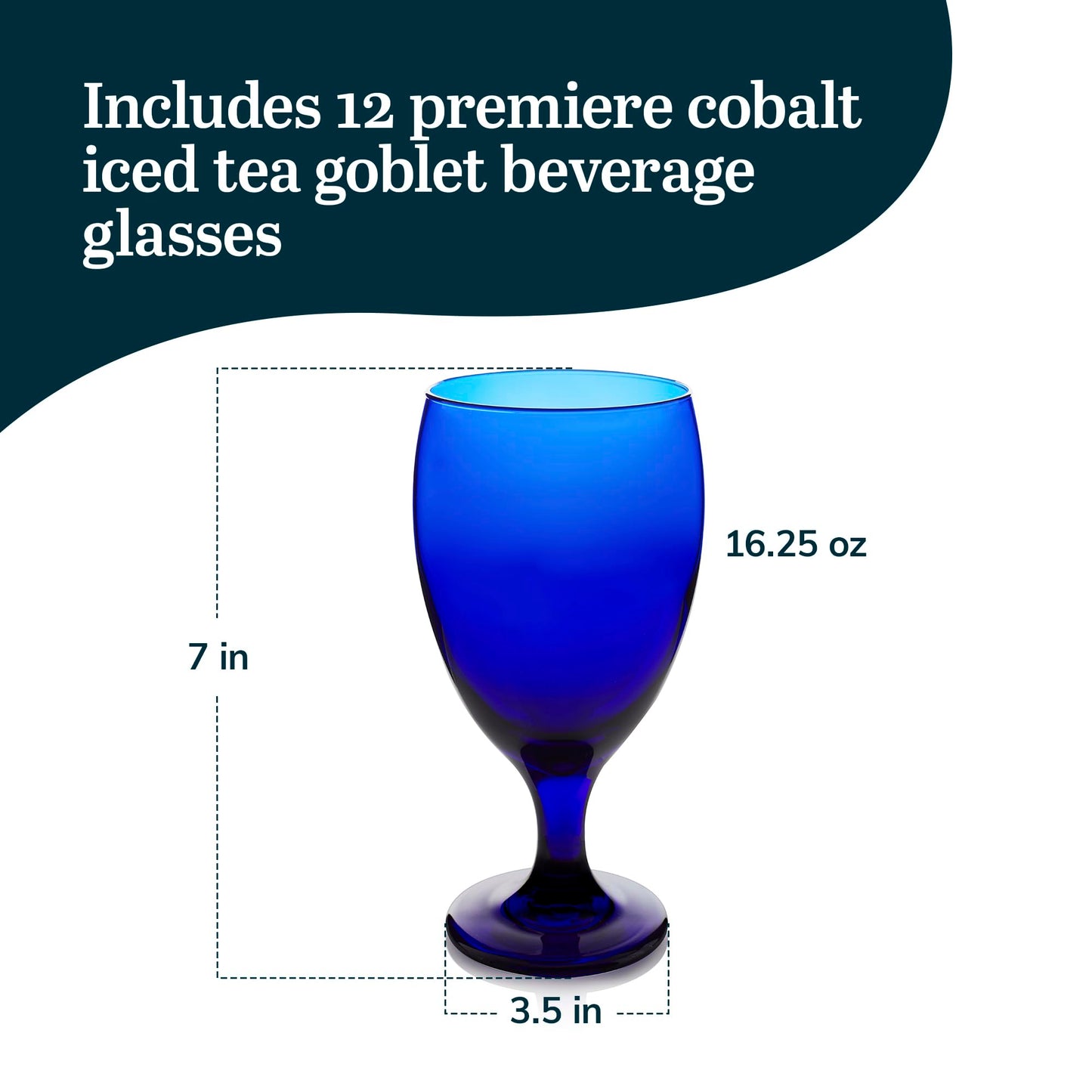 Libbey Premiere Cobalt Iced Tea Glasses, Stylish Cobalt Blue Drinking Glasses Set of 12, Dishwasher Safe Stemmed Water Goblets for Parties and More