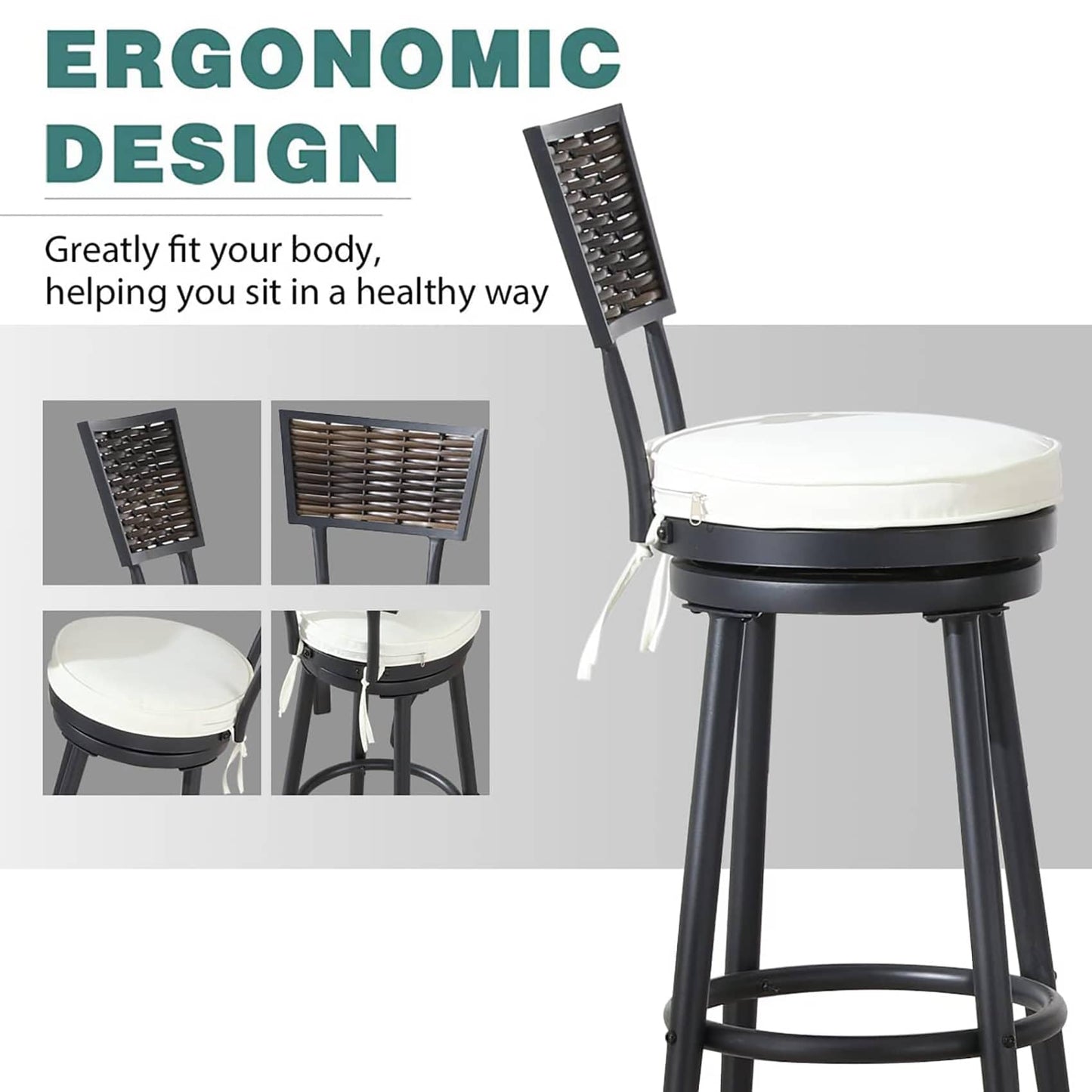 TOP HOME SPACE Patio Bar Stools Outdoor Swivel Bar Height Stool Chairs Set of 2 with Rattan Back Round Seat for Deck Porch Backyard, 29.7" Seat Height