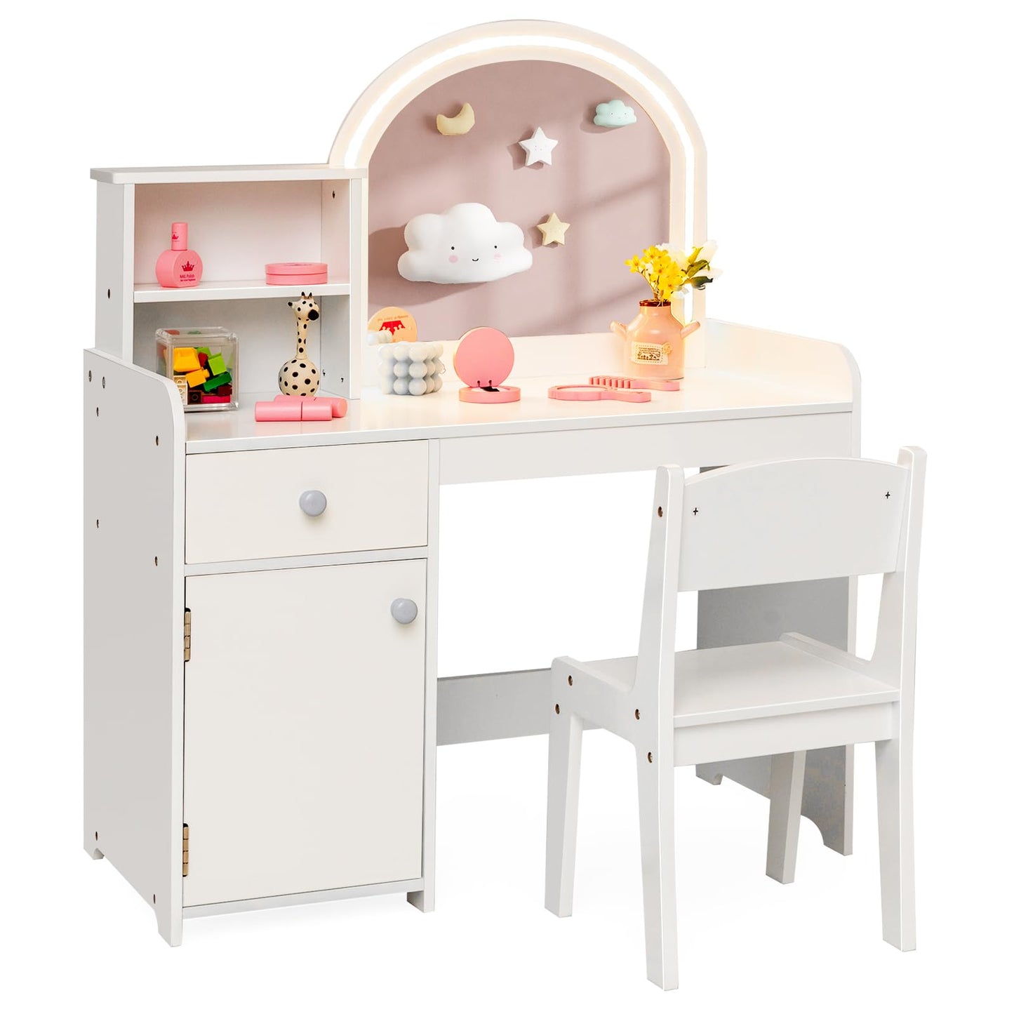 Costzon Kids Vanity with Lights, 2 in 1 Princess Makeup Desk & Chair Set with Lighted Mirror, Drawer, Storage Shelves & Cabinet, Toddler Dressing Table, Pretend Play Vanity Set for Little Girls, White