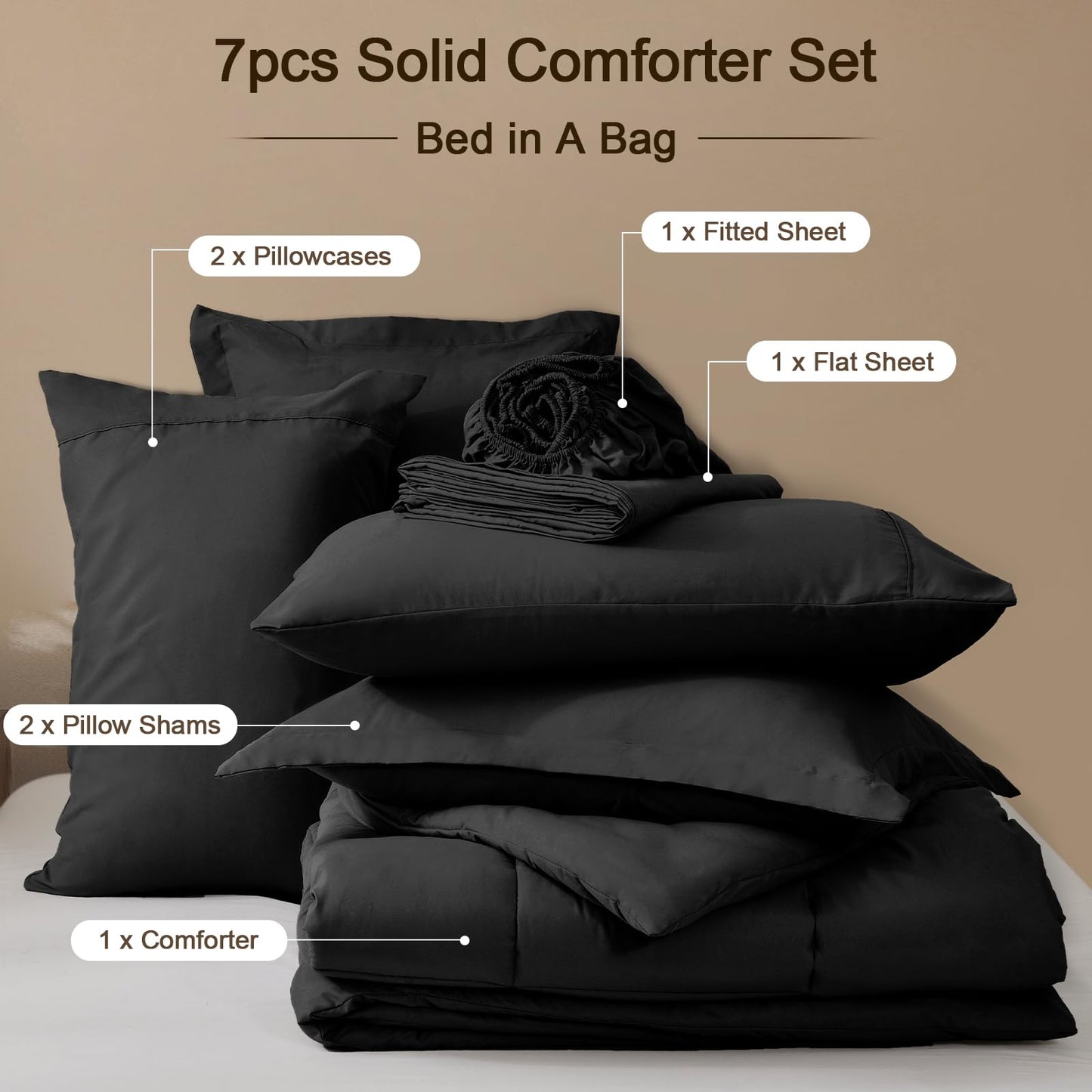 PHF 7 Pieces California King Comforter Set Black, Bed in a Bag Comforter & 18" Sheet Set All Season, Ultra Soft Noiseless Bedding Sets with Comforter, Sheets, Pillowcases & Shams