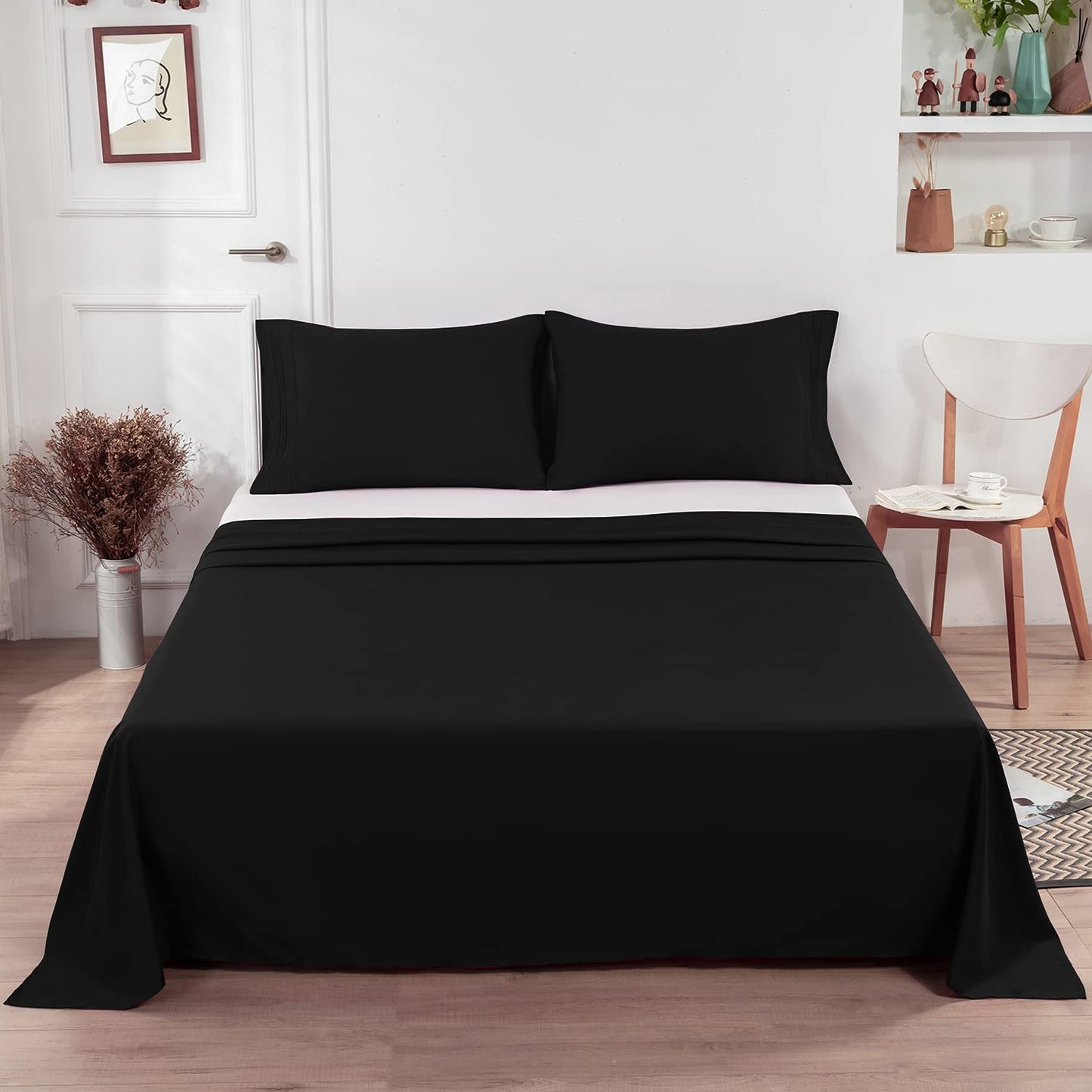 Lirex Black Twin Flat Sheet Only, Ultra Soft & Breathable Brushed 1800 Microfiber, Hotel Quality Flat Sheet Sold Separately, Top Sheet for Bed (White, Black)