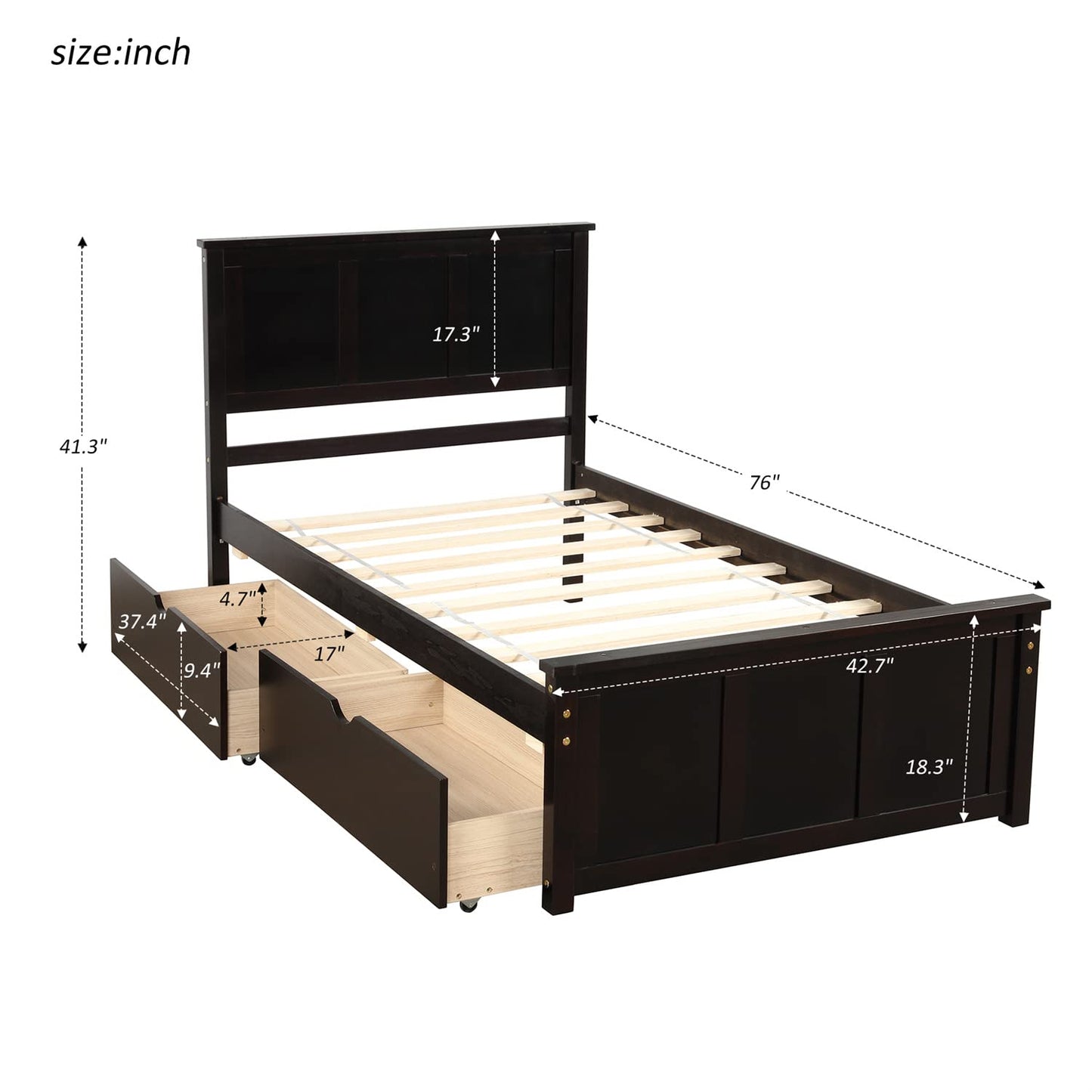 Twin Bed with Drawers,Wood Platform Bed Frame with Headboard and Footboard Wooden Captain Bed for Boys, Girls, Kids, Teens, Espresso