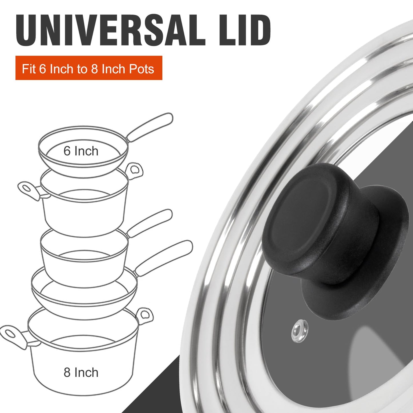 Universal Lid for Pots and Pans Skillets, Stainless Steel Pan Cover Fits 6-7-8 Inch Cookware, Large Replacement Frying Pan Cover, Cast Iron Skillet Pot Lids with Heat Resistant Knob