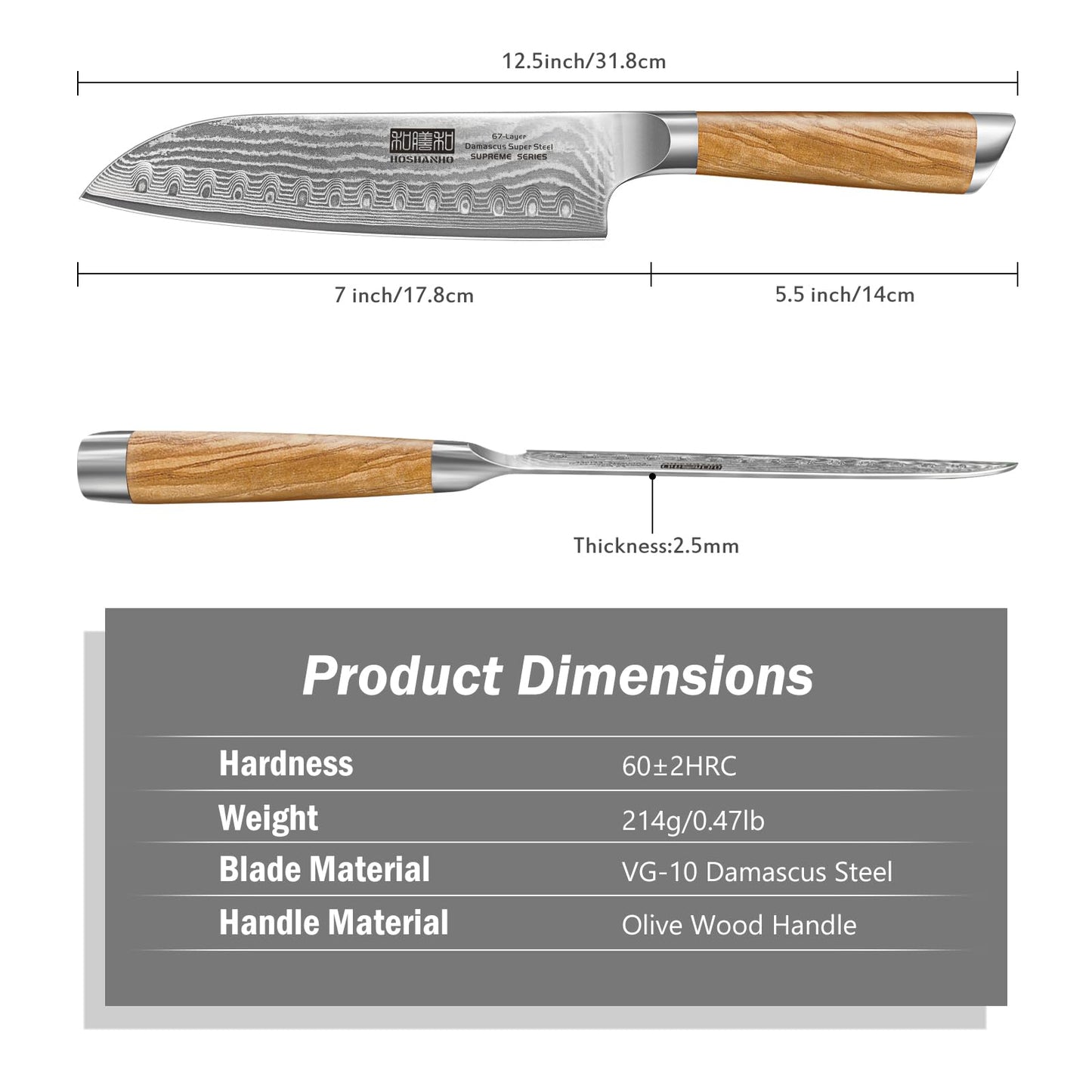 HOSHANHO Damascus Santoku Knife 7 Inch, Professional Japanese Damascus Super Steel Kitchen Knife, Sharp Cooking Knife with Durable Ergonomic Olive Wood Handle