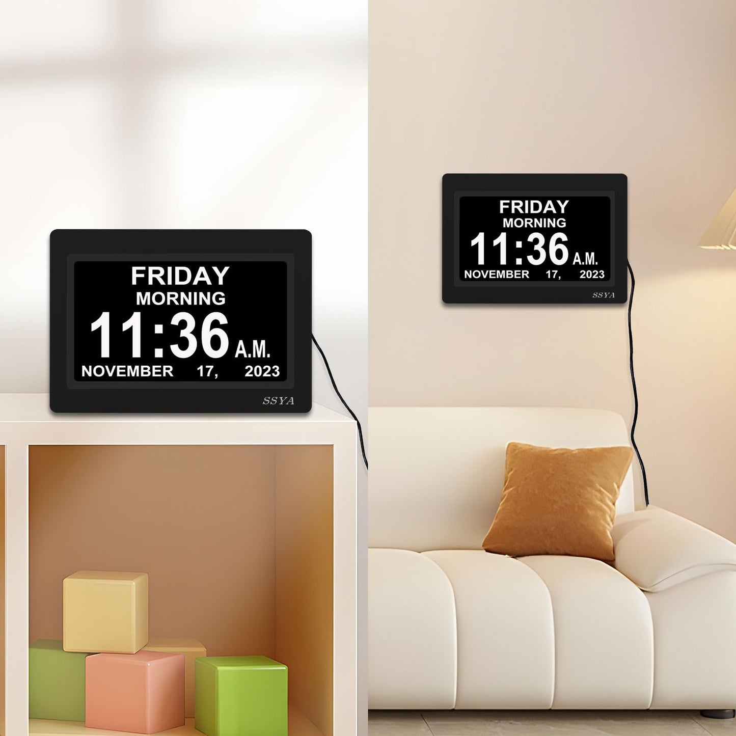 SSYA [Newest Version] 7 Inch Calendar Clock - 12 Alarm Options, Level 5 Auto Dimmable Display,Extra Large Impaired Vision Digital Clock with Non-Abbreviated Day & Month Alarm Clock (7 inch)