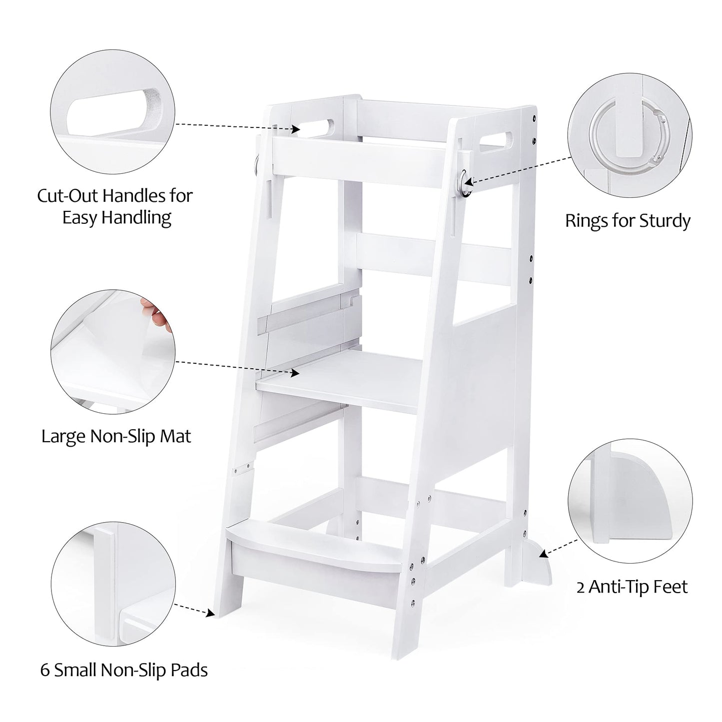 TOETOL Bamboo Toddler Kitchen Step Stool White Helper Standing Tower Height Adjustable with Anti-Slip Protection for Kids Kitchen Counter Learning