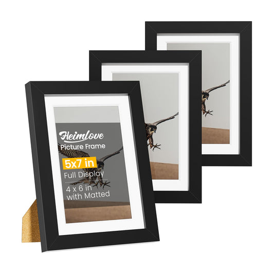 Heimlove 5x7 Picture Frames Set of 3 with Mat to Display 4x6 Picture,Plastic Black Photo Frame for Poster,Diploma,Certificate and Document with Tabletop and Wall Decor