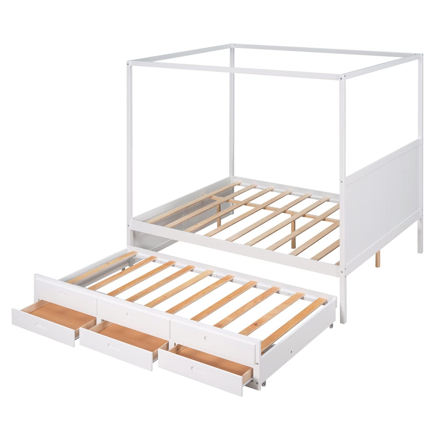 Queen Canopy Beds with Trundle Wood 4-Poster Bed with Storage Drawers Modern Queen Size Bed Frame with Headboard for Adults Kids Teens, White