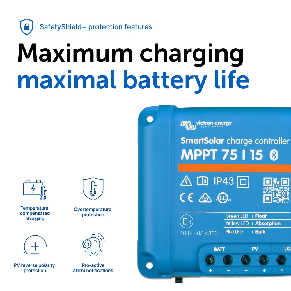 Victron Energy SmartSolar MPPT Solar Charge Controller (Bluetooth) - Charge Controllers for Solar Panels - 75V, 15 amp, 12/24-Volt