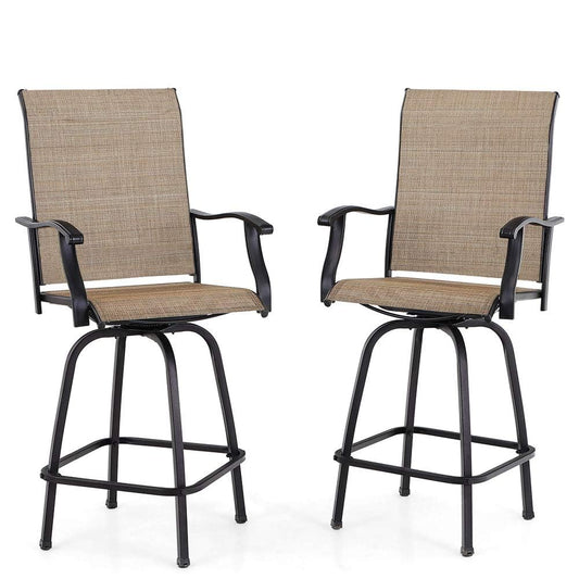 PHI VILLA Swivel Outdoor Bar Stools, Bar Height Patio Chairs, 30 Inch Barstools Set of 2 with High Back and Armrest,Brown, All-Weather Patio Furniture for Deck Lawn Garden