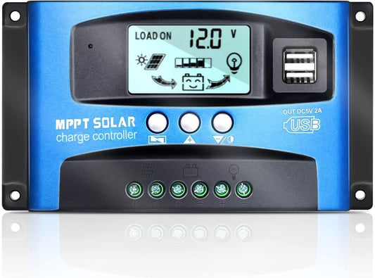 100A MPPT Solar Charge Controller 12v/24v Current Auto Focus MPPT Tracking Charge with LCD Display Dual USB Solar Regulator Charge Controller Multiple Load Control Modes