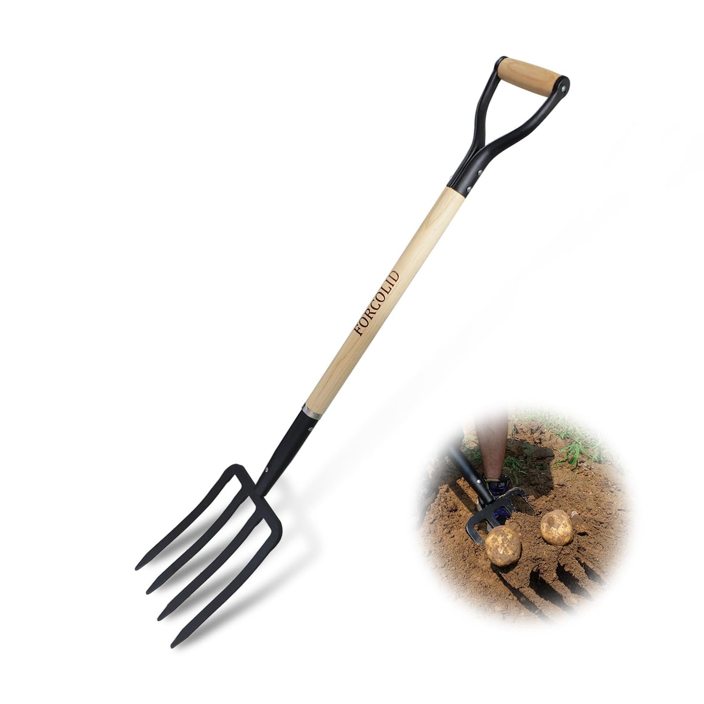 FORCOLID Garden Fork, 4-Tine Spading Digging Fork, Pitch Fork-45Inch, Forged Steel Y-Grip, Wood Handel