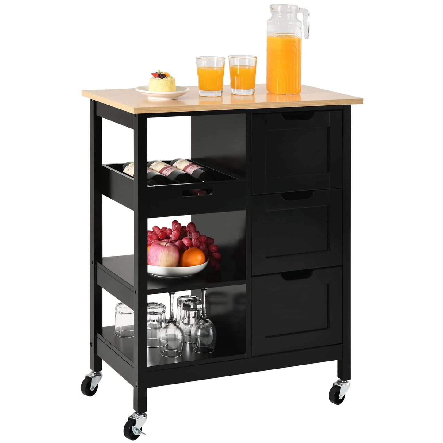 YITAHOME Kitchen Island with Storage, Kitchen Cart for Home, Rolling Serving Utility Trolley Cart on Wheel with 3 Drawers and 3 Storage Shelves, Kitchen Serving Cart for Dining Room, Bar, Black