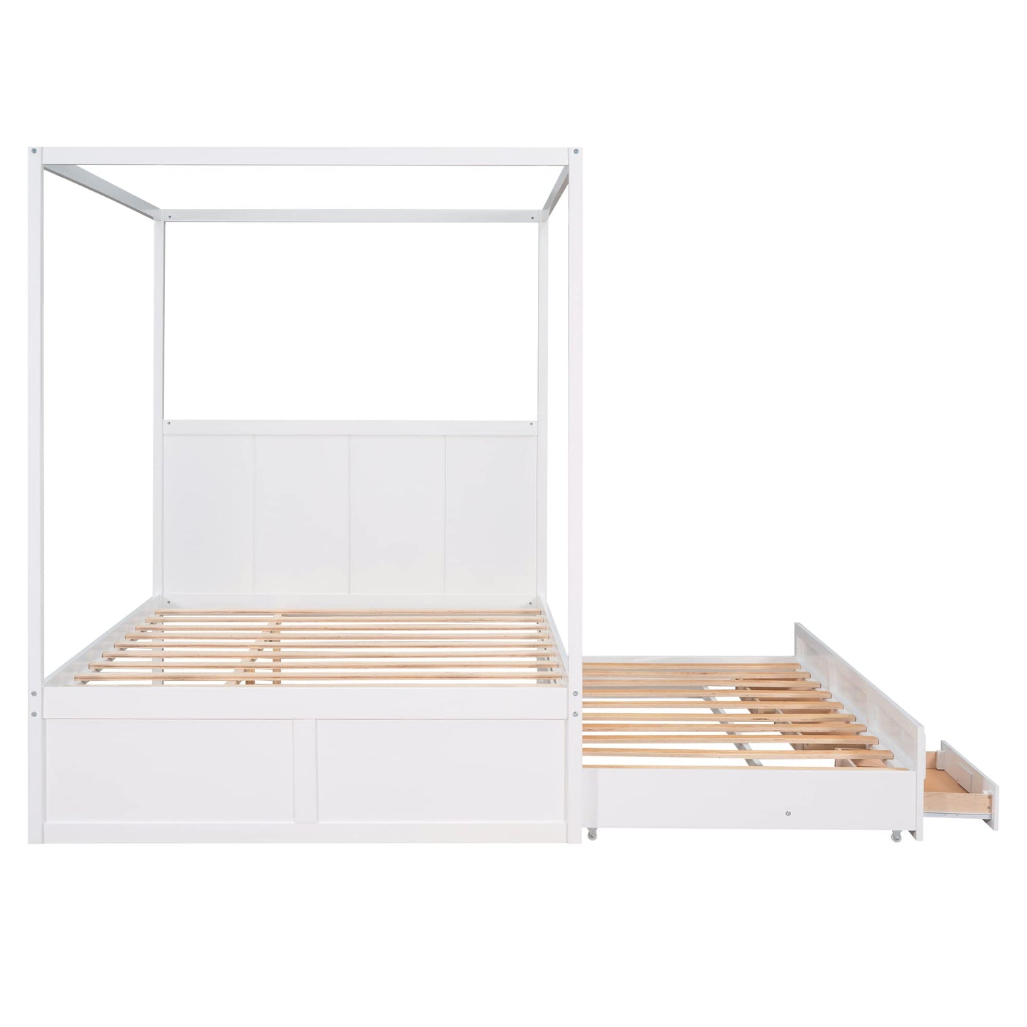 Favfurish Queen Size Canopy Platform Bed with Twin-Size Trundle and Three Storage Drawers,Easy to Assemble,Wood Bed-Frame for Children Teens Adults,Suitable for Bedroom,White
