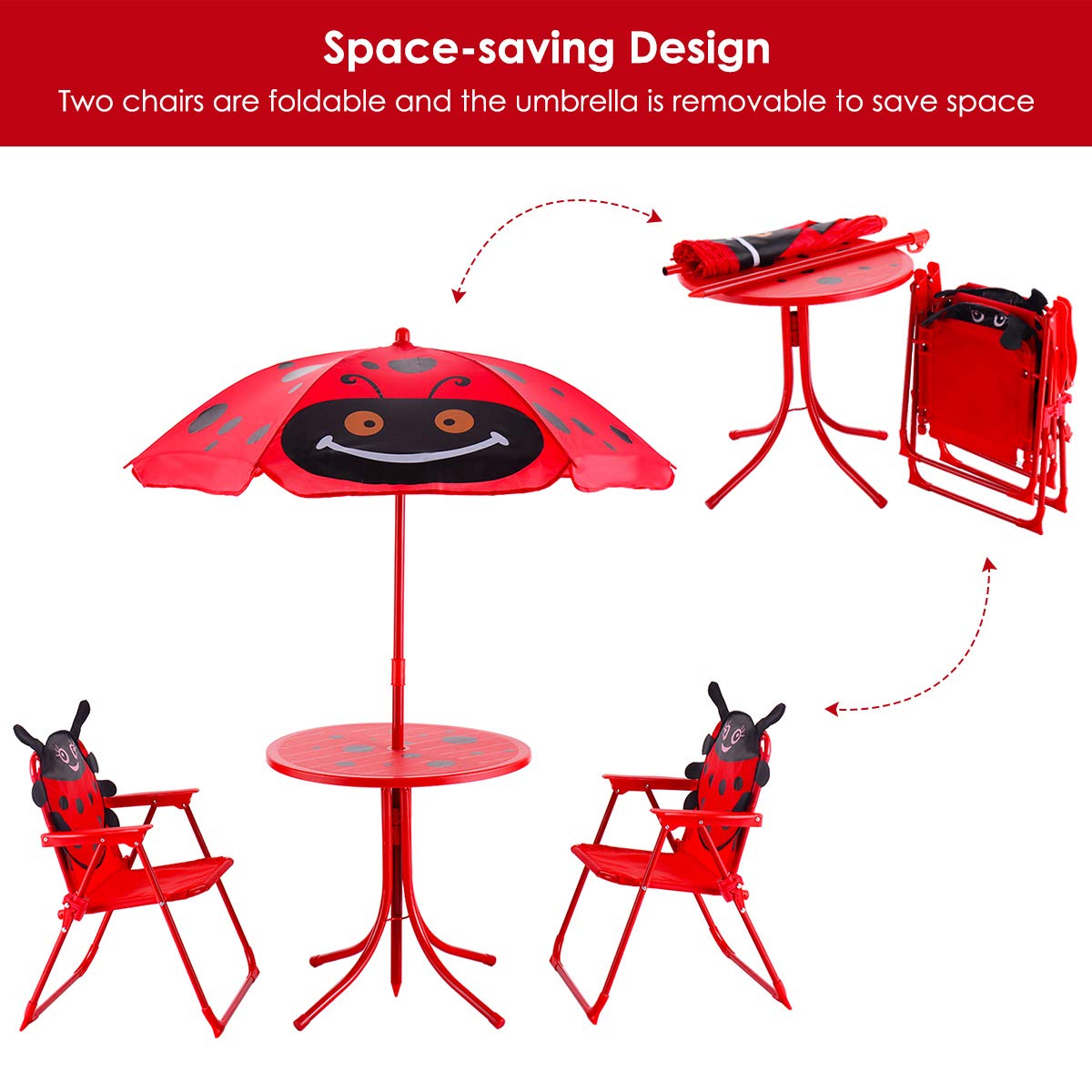 Costzon Kids Table and 2 Chair Set, Ladybug Folding Picnic Table Set with Removable Umbrella for Indoor Outdoor Garden Patio, Gift for Children Boys & Girls