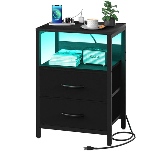 Yoobure Nightstand with Charging Station, LED Night Stand with Fabric Drawers and Storage Shelf for Bedroom, Nightstands Bedside Tables with USB Ports & Outlets, Small Night Stands, Bed Side Table