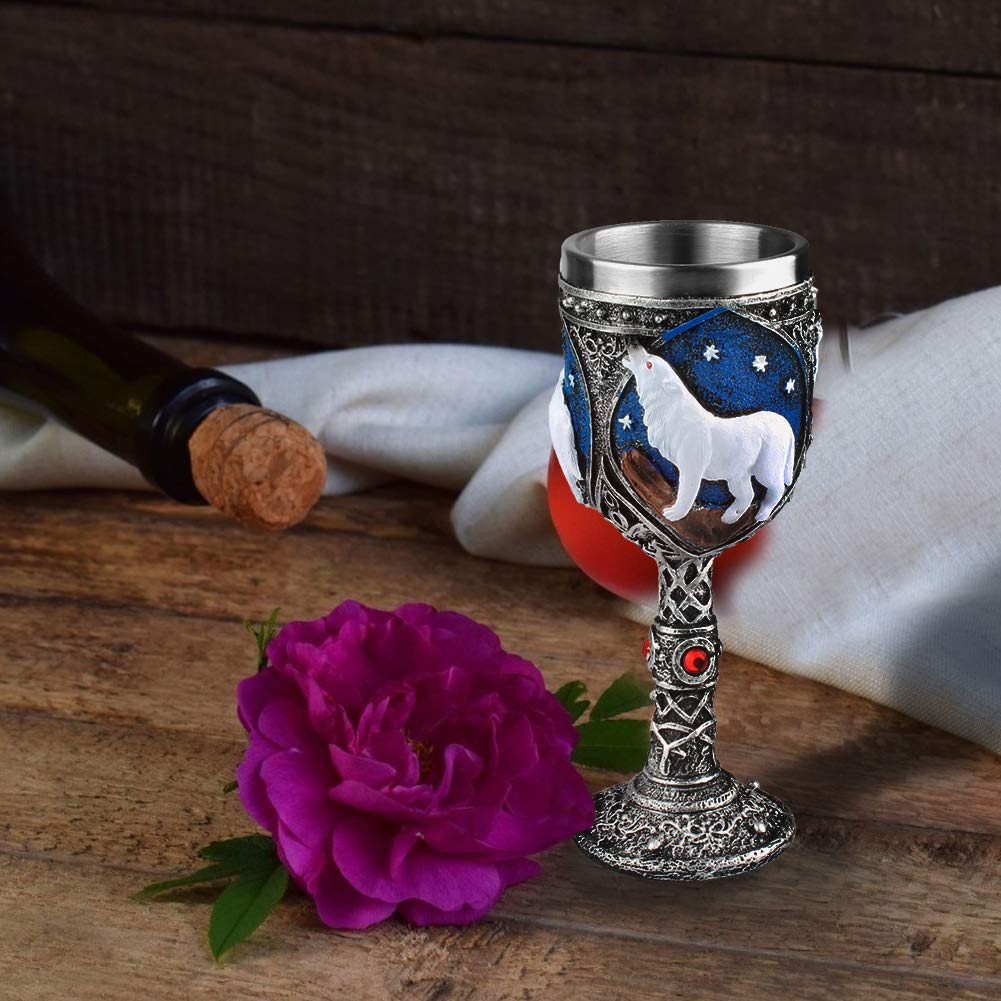 EZESO ESSENTIAL SKINCARE Wolf Goblet Stainless Steel, Resin 3D Wine Chalice Goblet Cup Kitchen Party Hosting Decorative Holiday Souvenirs (White)