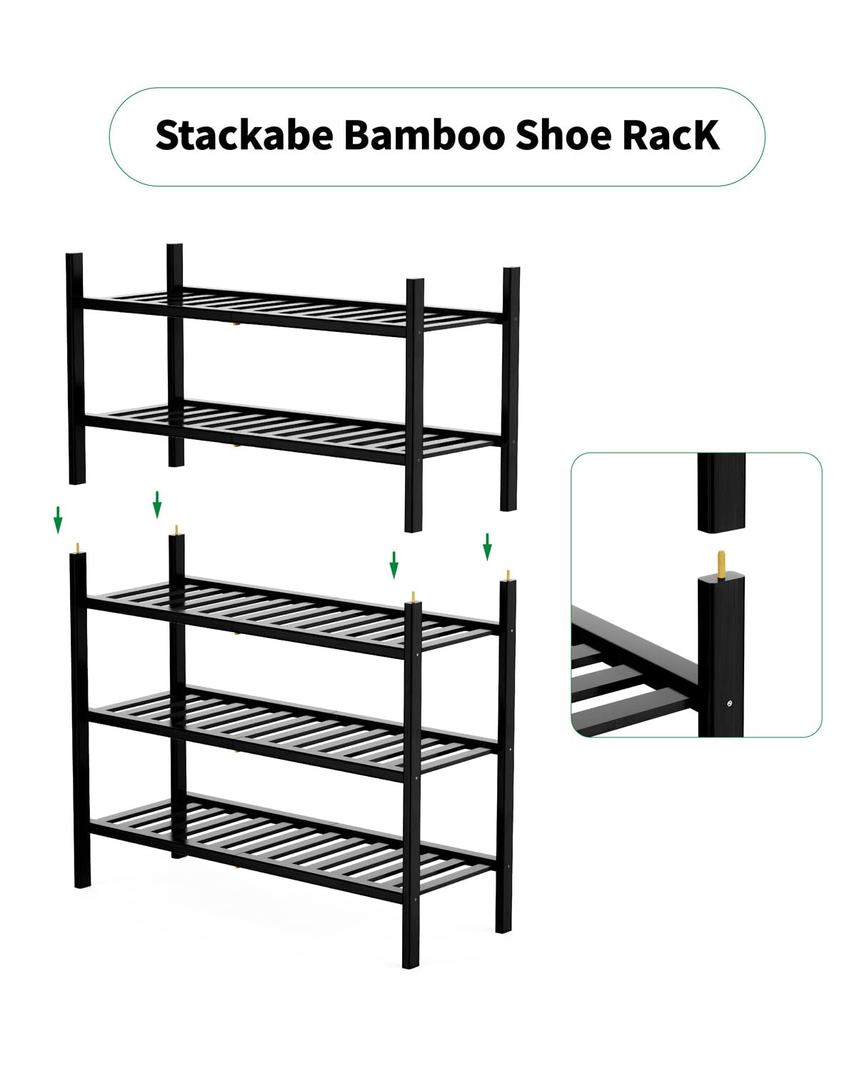 VOPOG Shoe Rack, 3-Tier Bamboo Shoe Rack for Front Door Entrance with Shoe Horn, Stackable Shoe Rack Organizer Shoe Shelf for Entryway, Hallway, Bathroom, and Closet Shoe Organizer - Black