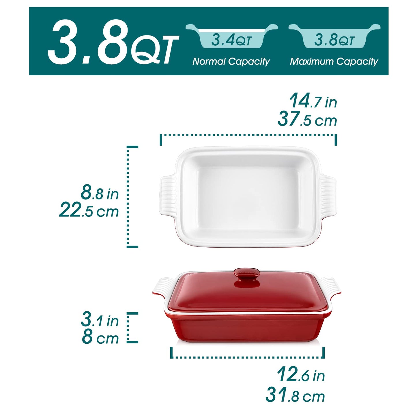 vancasso Blossom Casserole Dish , 13x9 Baking Dish , 3.8 Quart Casserole Dish Set Lasagna Pan Deep With Lid Oven Safe, Red