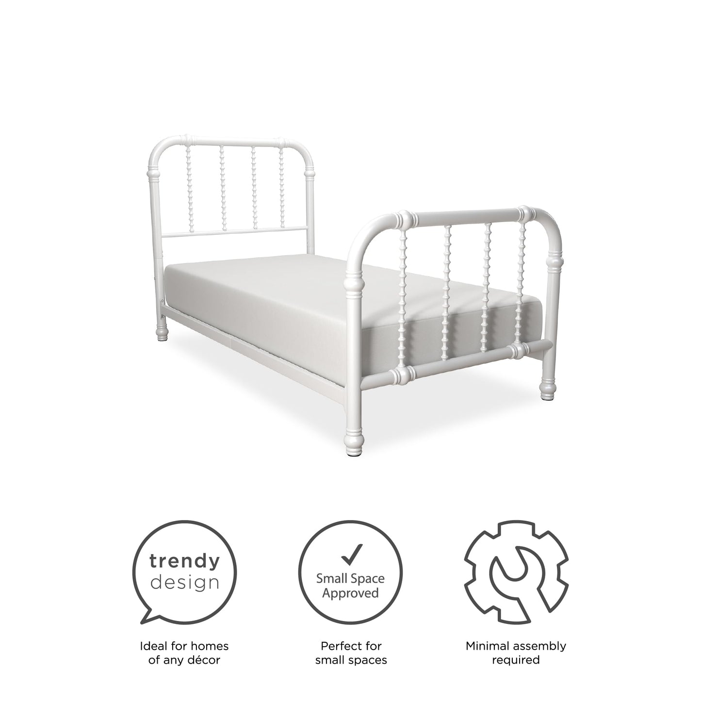 DHP Jenny Lind Kids Metal Bed Frame with Country Chic Headboard and Footboard, Underbed Storage Space for Toys, Twin, White