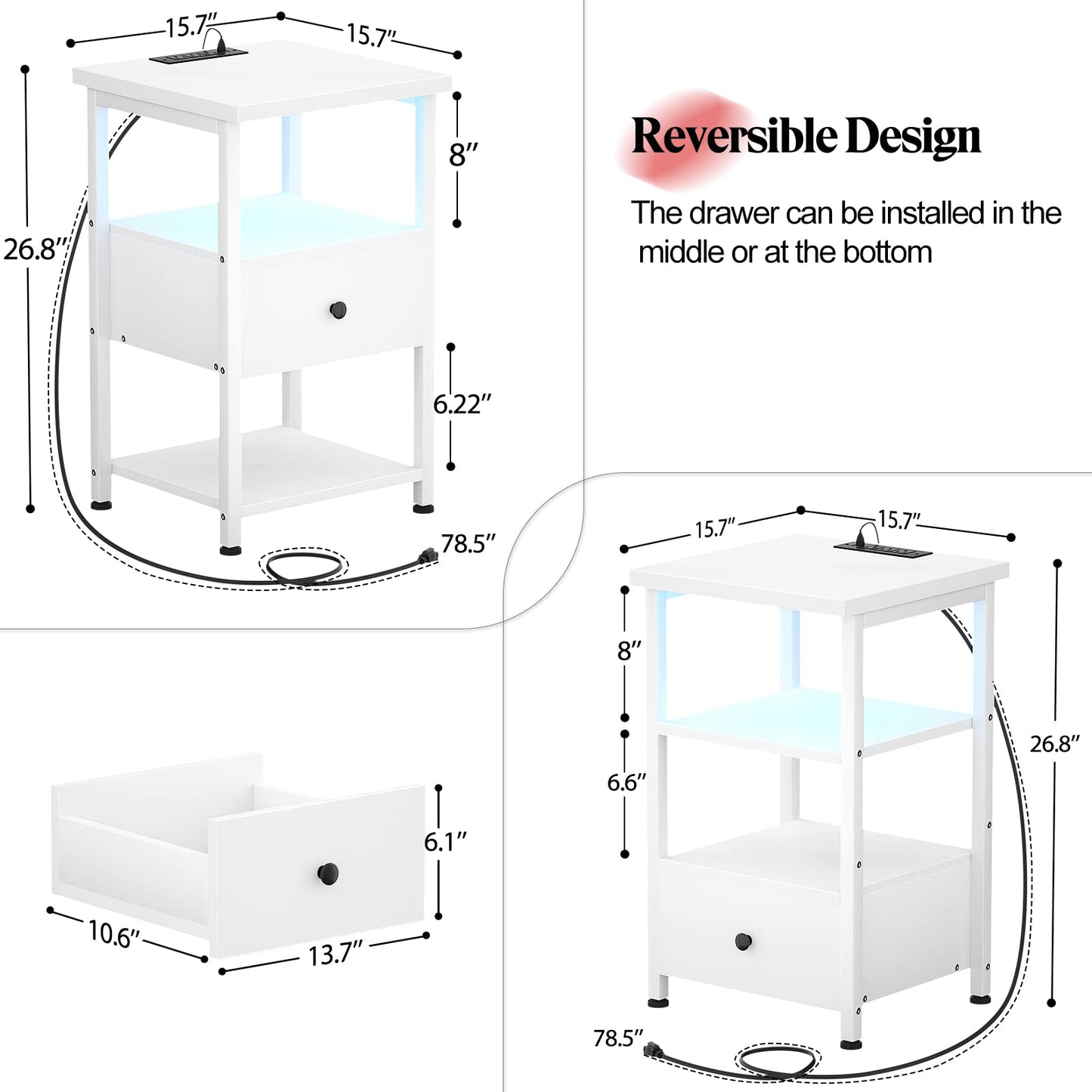 Girapow Nightstands Set of 2, 3-Tier Nightstand with LED Lights, 26.8'' Nightstands with Charging Station and USB Ports, Adjustable Wood Drawer, End Table Bedside Table with Storage for Bedroom, White