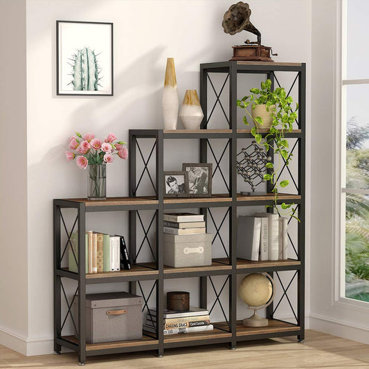 Tribesigns 12 Shelves Bookshelf, Industrial Ladder Corner Bookshelf 9 Cubes Stepped Etagere Bookcase, Rustic 5-Tier Display Shelf Storage Organizer for Home Office (Rustic Brown)
