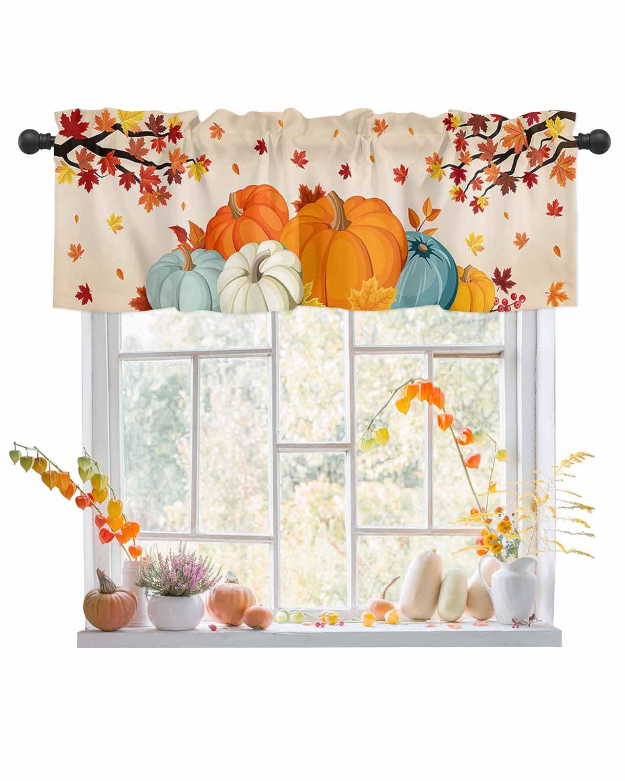 Harvest Pumpkin Valances Windows Curtain Thanksgiving Fall Kitchen Valances Rod Pocket Autumn Maple Leaf Window Curtain Treatment Short Topper Curtains Autumn, Fall Seasonal Decor 1 Panel,54 by 18 in