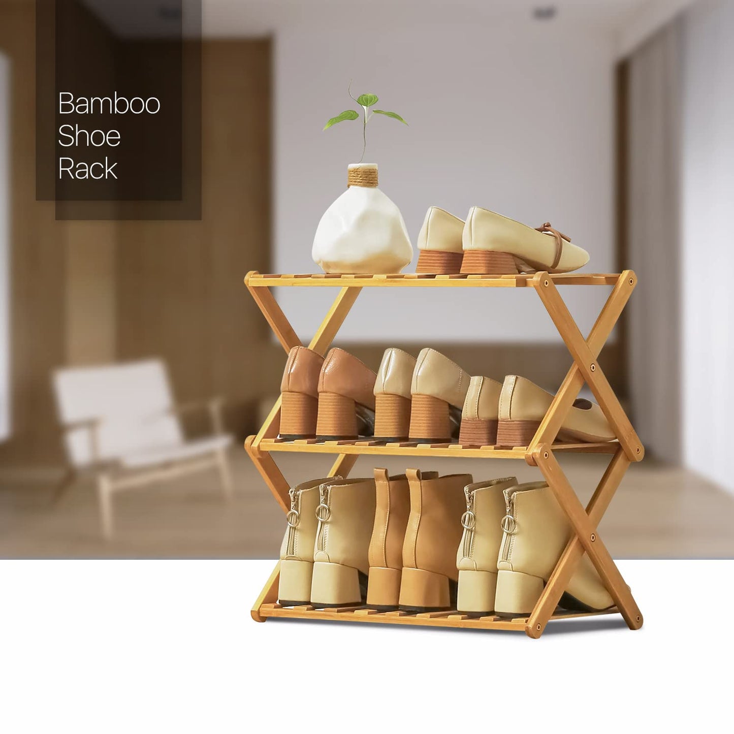 MoNiBloom Foldable Bamboo Shoe Organizer Rack, 3-Tier Shoes Shelf Storage Organize for 6-10 Pairs Installation-Free for Entryway, Hallway, Bedroom, Natural