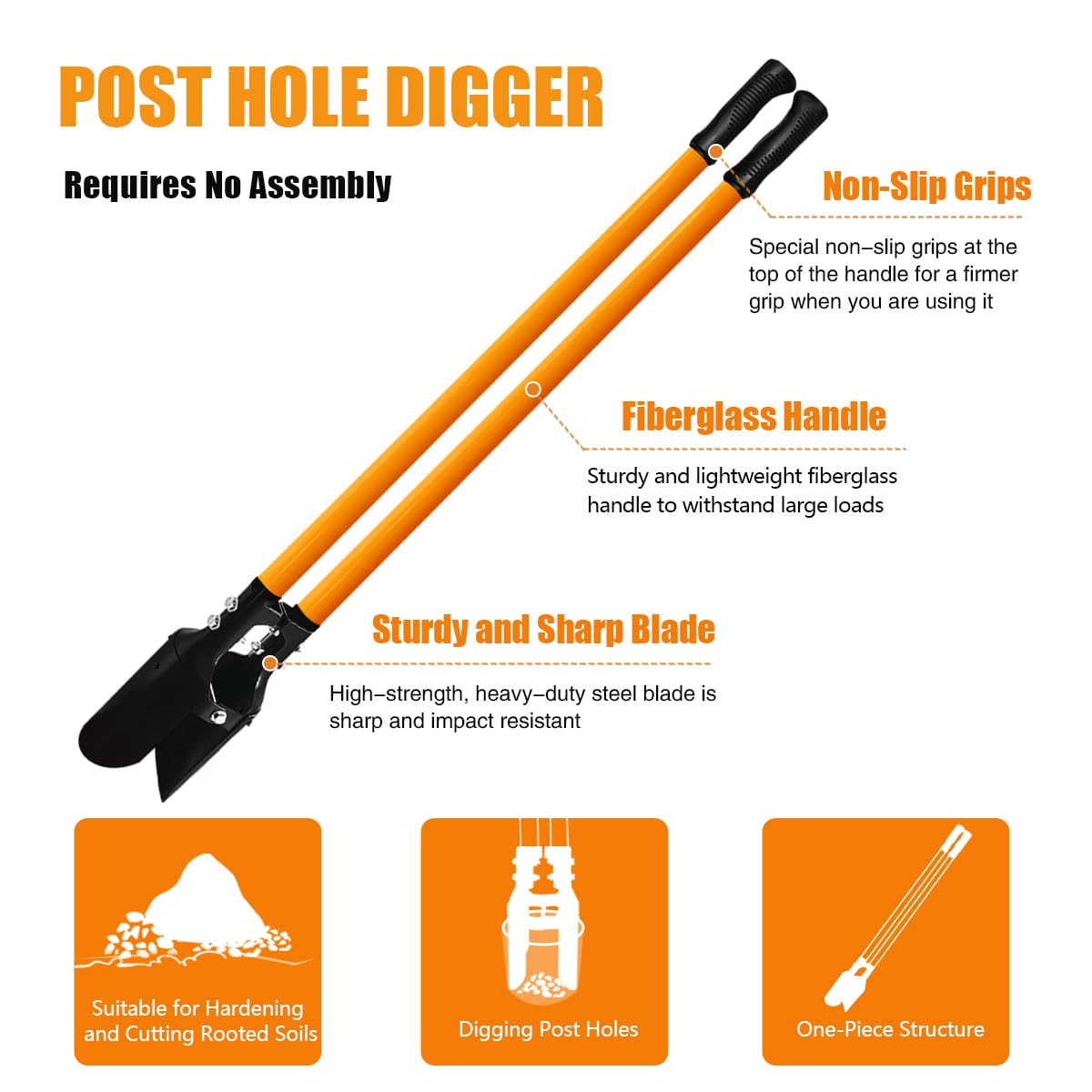 VNIMTI Post Hole Digger Tool, Heavy Duty Post Hole Digger with Fiberglass Handle, 58 Inches