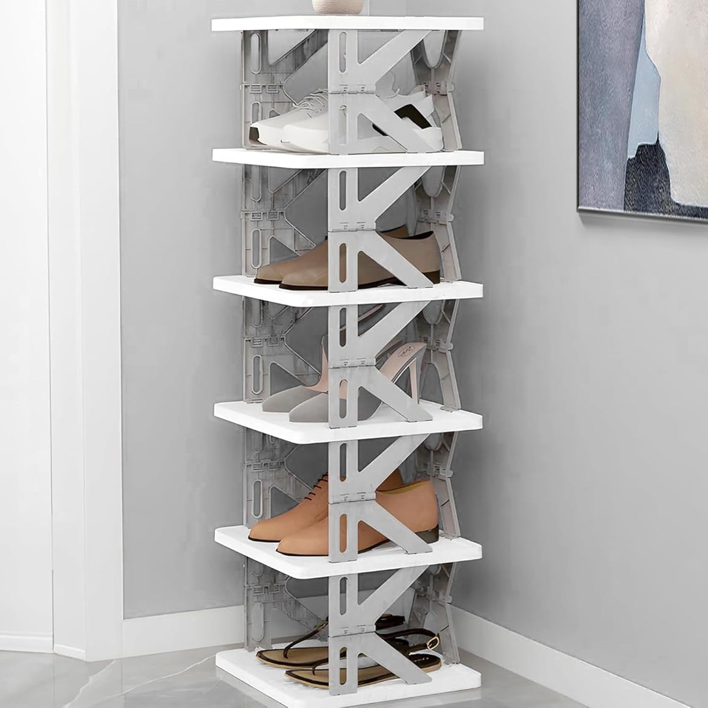 6-Tier Simple Vertical Shoe Organizer, Foldable Shoe Rack without Assembly, Flexible Narrow Shoe Rack K-Shape Collapsible Shoe Tower, Corner Shoe Rack, Easy Assembly and Stable in Structure