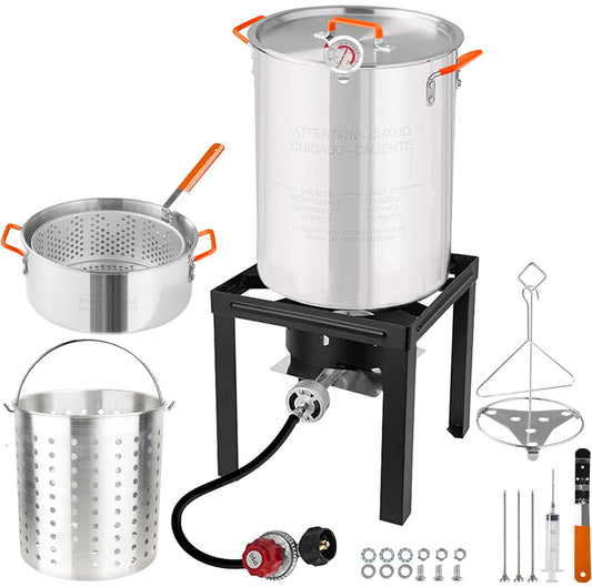 Deep Turkey Fryer Set, Seafood Boil Pot with Basket, Crawfish Boiler, 30QT & 10QT Pots with Large Steamers, and 54,000BTU High Output Burner for Camping, Outdoor Parties, Thanksgiving